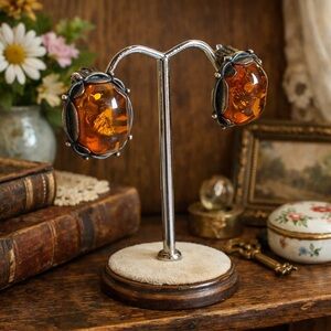 Vintage Mid Century or Older Baltic Amber Sterling Silver 925 Clip On Earrings
